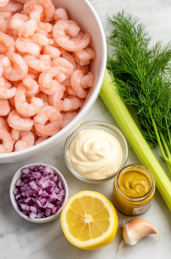Overhead flat-lay of all shrimp salad ingredients neatly arranged on a light marble surface: a large white bowl of raw pink shrimp with tails removed, a small glass bowl of creamy white mayonnaise, a bright yellow lemon cut in half showing juicy cross-section, a bunch of feathery fresh green dill, a rib of pale green celery, finely diced purple-red onion in a small bowl, a jar of golden Dijon mustard, one peeled garlic clove, bright even natural lighting from above, clean minimal styling