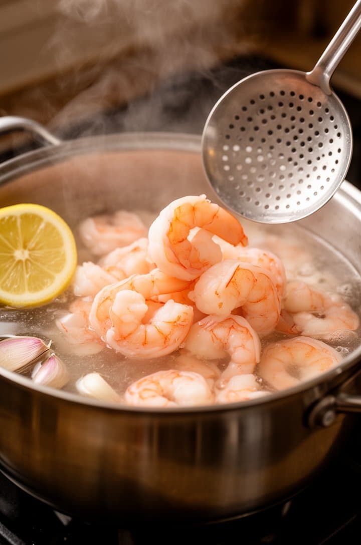 Side-angle shot of plump pink shrimp submerged in a pot of hot water with steam rising, a slotted spoon hovering above ready to transfer them, a halved lemon and a few garlic cloves visible in the cloudy poaching liquid, warm ambient kitchen lighting, stainless steel pot on dark stovetop, shallow depth of field on the shrimp