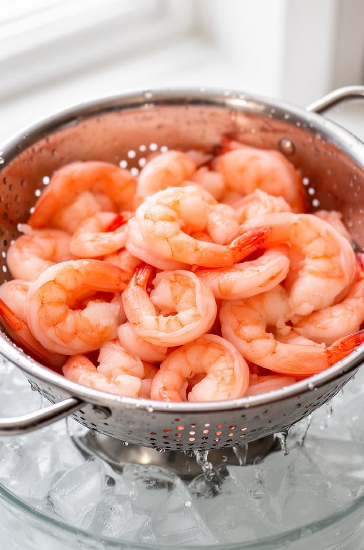 Close-up overhead shot of perfectly poached pink shrimp being drained in a stainless steel colander over an ice water bath, glistening water droplets on the curled shrimp, visible pink-coral color indicating they are just cooked through, bright natural window lighting, clean white kitchen background