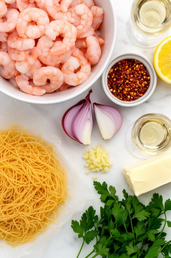 Overhead flat-lay of all shrimp scampi pasta ingredients on a white marble surface: a bowl of raw peeled and deveined pink shrimp, a nest of dried angel hair pasta on parchment, three sliced shallots, a small pile of minced garlic, a ramekin of red pepper flakes, a halved lemon, a glass of white wine, a stick of butter, and fresh flat-leaf parsley. Bright natural overhead lighting, organized and inviting, clean food blog aesthetic