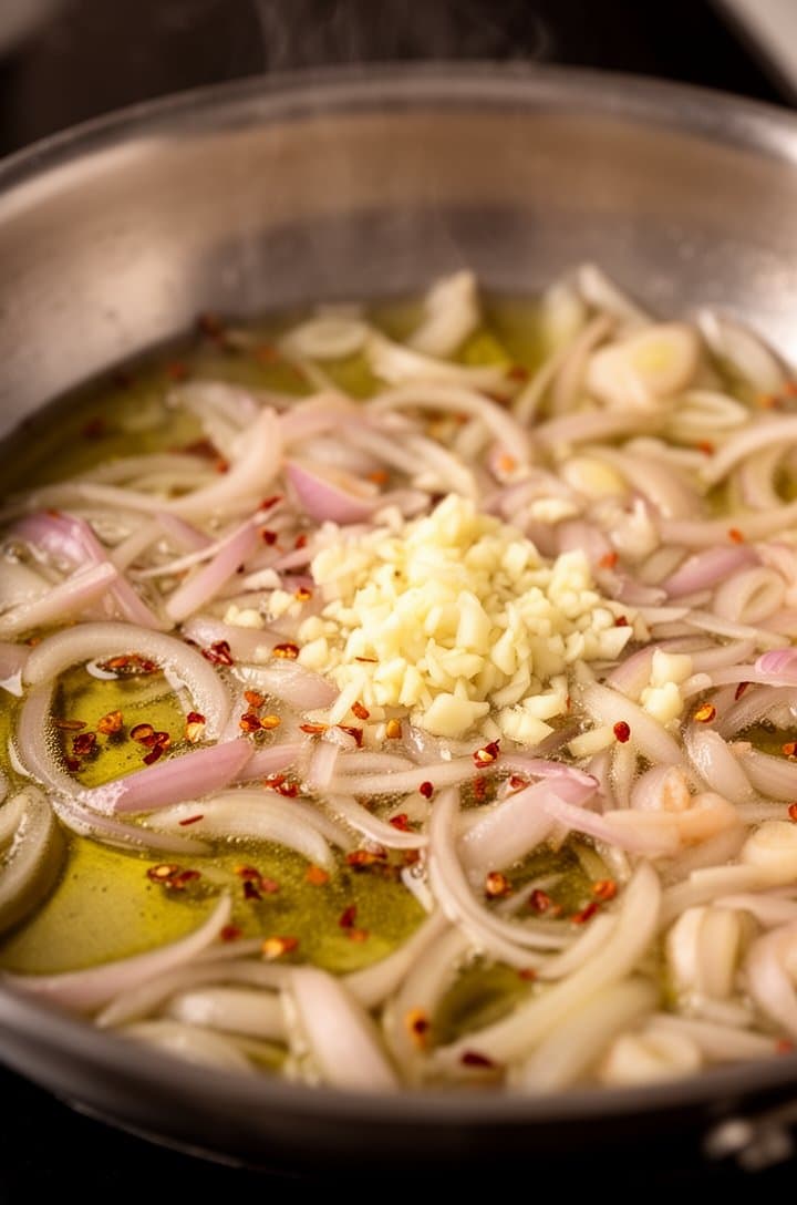 Close-up of thinly sliced shallots and minced garlic sautéing in olive oil in a stainless steel skillet, the shallots turning translucent and slightly golden, red pepper flakes scattered in the oil, warm side lighting, tight crop showing the aromatic base, slight steam, professional food photography