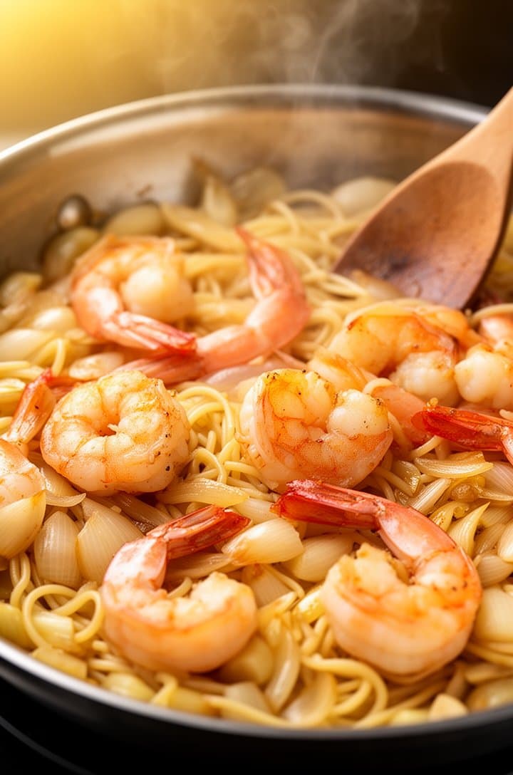 45-degree angle of plump shrimp cooking in a stainless steel skillet surrounded by golden shallots and garlic, half the shrimp turned pink-orange while others are still being flipped, a wooden spoon resting on the edge of the pan, warm golden lighting from the left, appetizing steam rising