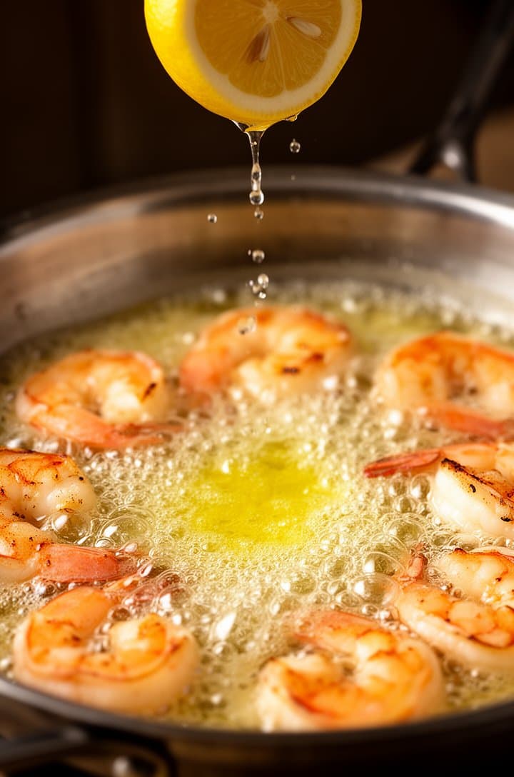 Side-angle shot of golden butter melting into a bubbling white wine sauce in a stainless steel skillet with seared shrimp, the sauce glossy and emulsified, lemon juice being squeezed from a half lemon over the pan, bright droplets of citrus visible mid-air, warm dramatic lighting, shallow depth of field