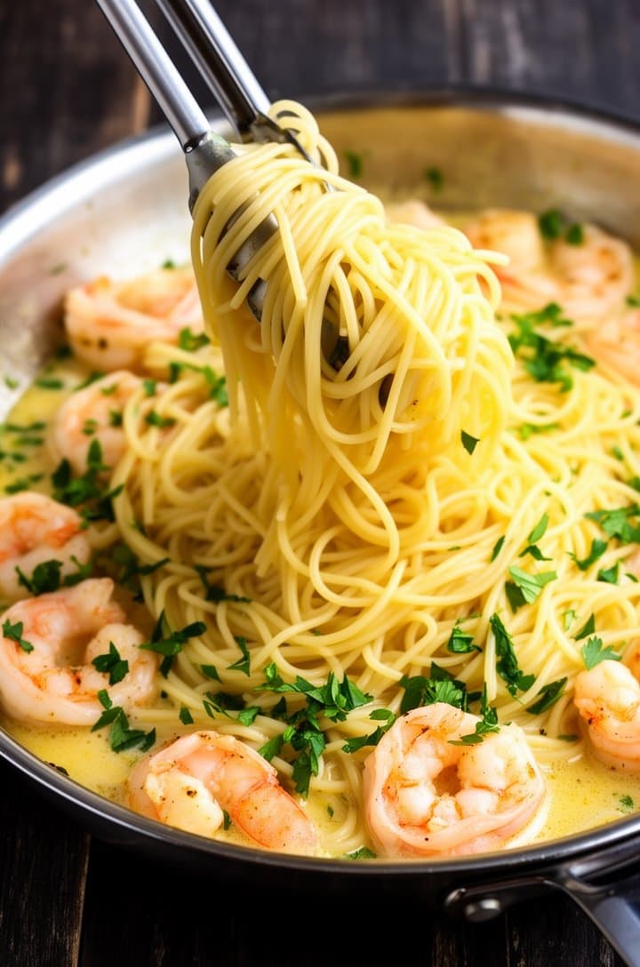 Overhead shot of angel hair pasta being added to the skillet of shrimp scampi sauce, tongs mid-toss lifting strands of glossy pasta, the butter-wine sauce coating the noodles, pink shrimp peeking through the pasta, fresh chopped parsley scattered on top, stainless steel skillet on a dark wooden surface, bright natural lighting