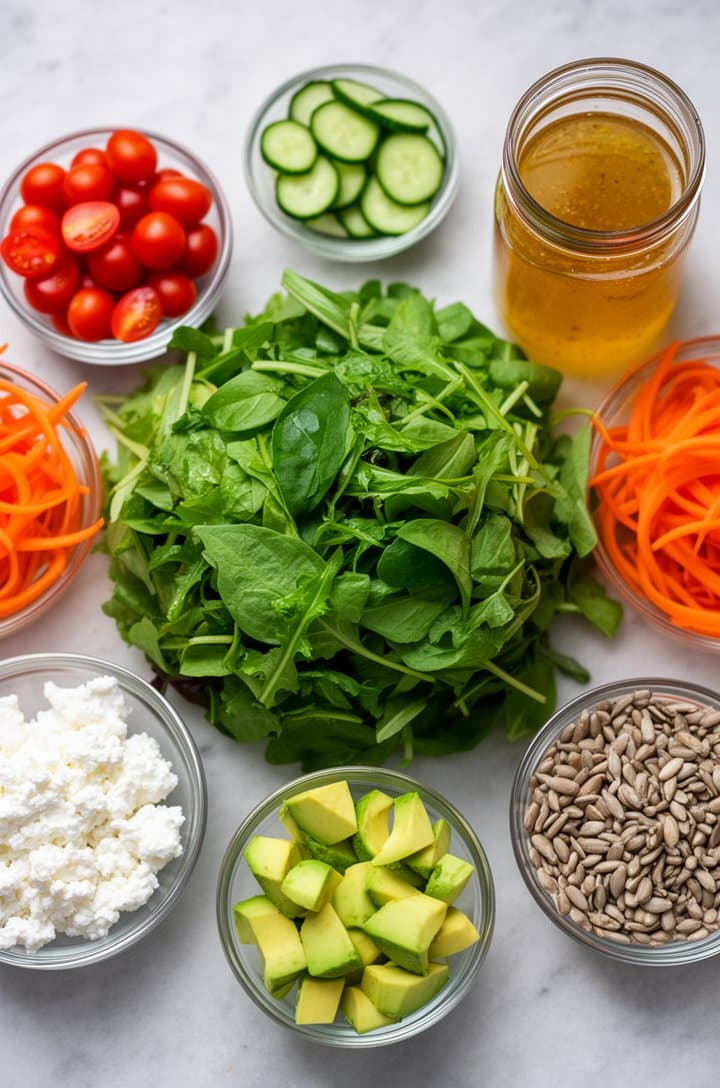 Overhead flat-lay of all green salad ingredients neatly arranged on a light gray marble surface: a mound of fresh mixed greens in the center, small glass bowls surrounding it containing halved cherry tomatoes, thinly sliced cucumber rounds, orange carrot ribbons, diced avocado, crumbled white goat cheese, and shelled sunflower seeds. A glass jar of golden vinaigrette sits to the side. Bright even natural lighting, clean organized composition, professional food blog mise en place shot