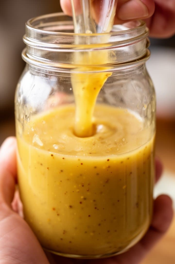 Close-up of a small glass mason jar being shaken, capturing the honey dijon vinaigrette mid-emulsion — golden-yellow and creamy smooth with tiny Dijon mustard seed specks visible. The jar is held by a hand against a soft blurred kitchen background, warm natural side lighting highlighting the glossy texture of the dressing