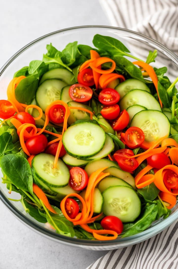Overhead shot of a large glass salad bowl with mixed greens, sliced cucumbers, halved cherry tomatoes, and carrot ribbons just before tossing. The vegetables are colorful and fresh — deep green leaves, translucent pale-green cucumber slices, bright red tomatoes, and vivid orange carrot curls. Light gray surface with a striped linen napkin at the edge, bright natural lighting, crisp and appetizing