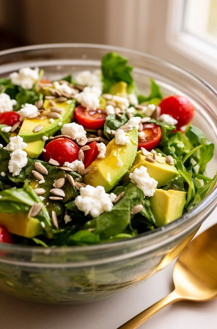 45-degree angle close-up of the finished tossed green salad in a large clear glass bowl, every element glistening with honey dijon vinaigrette. Chunks of creamy avocado, crumbles of white goat cheese, ruby-red cherry tomatoes, and scattered sunflower seeds are visible among the dressed greens. A gold serving spoon rests beside the bowl on a light surface, soft natural window light from the right, shallow depth of field, warm and inviting professional food photography