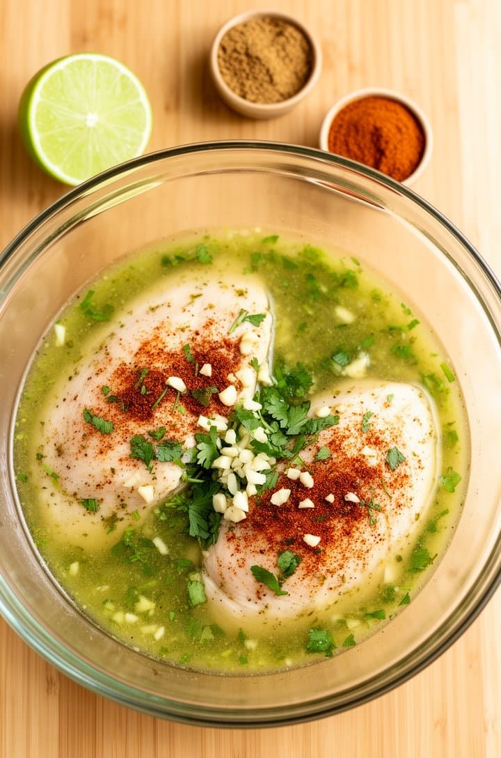 Overhead flat-lay of raw chicken breasts submerged in a pale green lime-cumin marinade in a glass mixing bowl, visible flecks of minced garlic, chopped cilantro, and reddish-brown cumin and chili powder floating in the liquid, a halved lime and small spice bowls arranged nearby on a light wood cutting board, bright natural window lighting