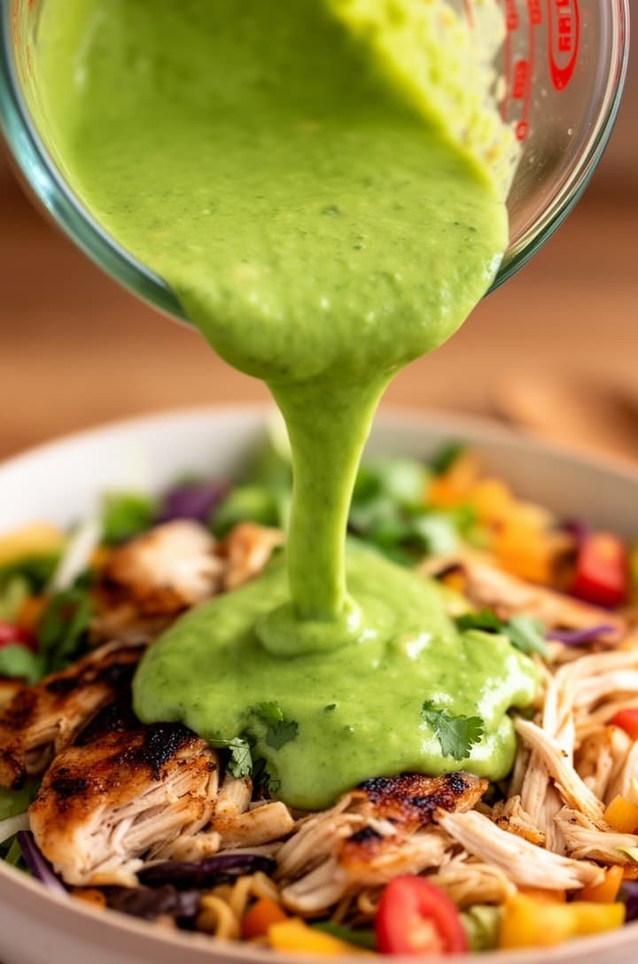 Overhead shot of vibrant green cilantro avocado dressing being poured from a glass measuring cup in a thick ribbon onto a composed salad bowl below, the stream of dressing catching the light, showing its creamy smooth consistency, slightly out-of-focus colorful salad ingredients visible beneath