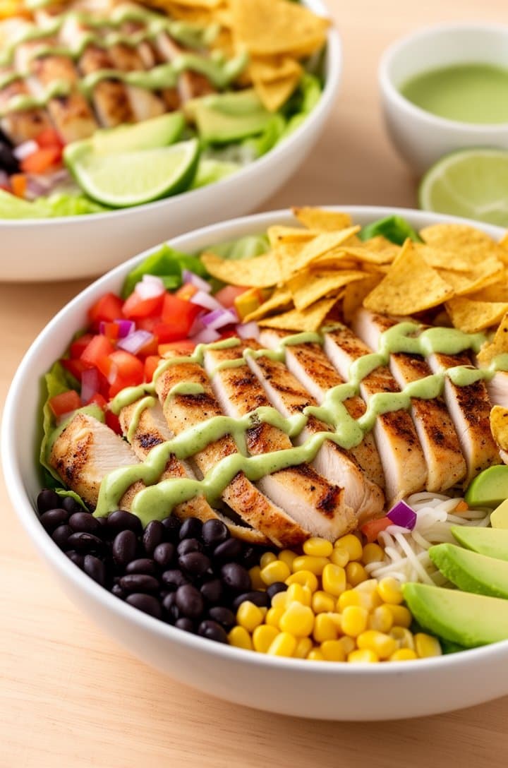 45-degree angle shot of the finished southwest chicken salad served in individual white bowls on a light wood table, sliced chicken strips with golden sear marks fanned across colorful sections of black beans, corn, tomatoes, avocado, and red onion on romaine, green dressing drizzled on top, crushed tortilla chips scattered over, a lime wedge and small bowl of extra dressing on the side, natural daylight, shallow depth of field
