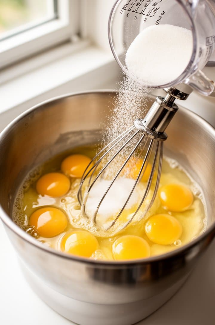 Overhead shot of six whole eggs in a stainless steel stand mixer bowl, the whisk attachment beginning to beat them, sugar being poured in a stream from a measuring cup, bright natural lighting from a kitchen window, clean white countertop, professional food photography