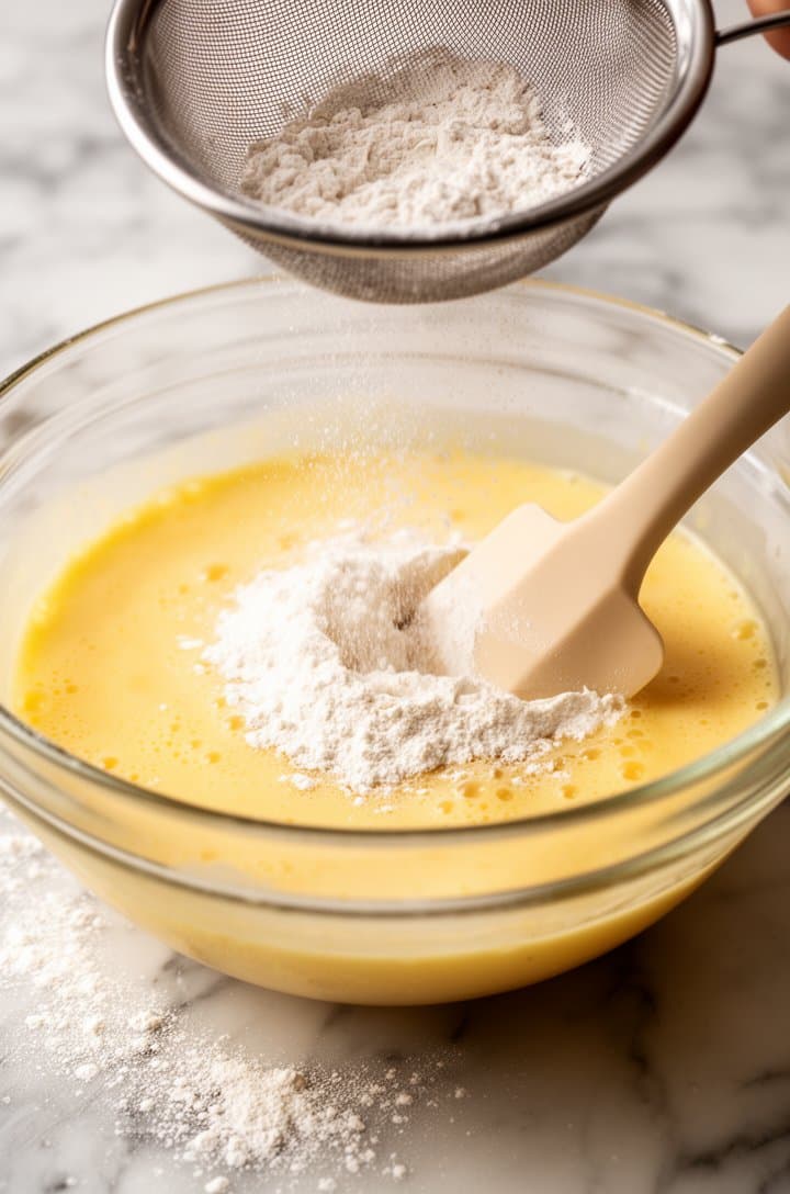 Overhead shot of a fine mesh sieve dusting flour over the pale yellow egg batter in a glass bowl, a rubber spatula resting against the edge ready to fold, scattered flour visible on the marble countertop, soft natural lighting