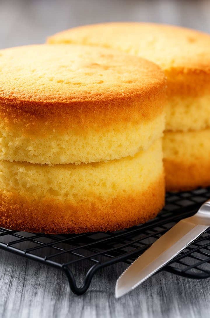 Two golden-brown sponge cake layers cooling on a black wire rack, shot from a low side angle showing the even rise and fine crumb of the pale yellow interior, a thin serrated knife resting beside them, warm natural side lighting on a grey wood surface, the cakes look perfectly domed and light