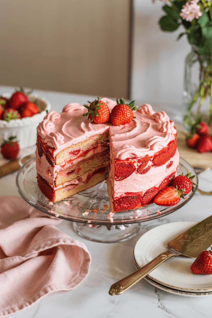 Homemade Strawberry Cake with Cream Cheese Frosting
