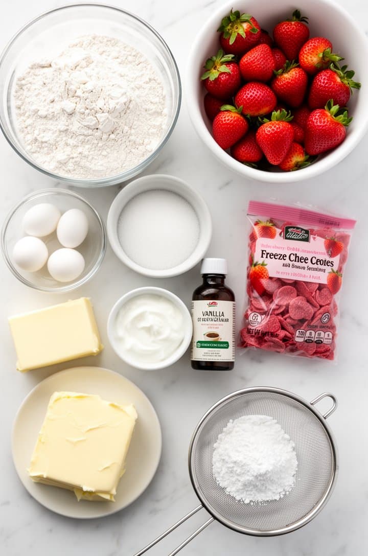Overhead flat-lay of all strawberry cake ingredients arranged on a white marble surface: a pound of fresh hulled strawberries in a white bowl, measured cake flour in a glass bowl, granulated sugar, five egg whites in a small clear bowl, a stick and a half of butter on a small plate, sour cream in a ramekin, vanilla extract bottle, a bag of freeze-dried strawberries, a block of cream cheese, and powdered sugar in a sifter, bright even natural lighting from above, clean organized composition