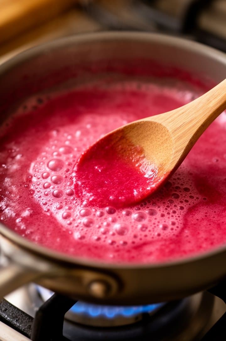 Side-angle close-up of fresh strawberry puree simmering in a small saucepan, the surface bubbling gently with small pink bubbles, deep rose-pink color, wooden spoon showing the thick reduced consistency coating the back of the spoon, warm ambient kitchen lighting, gas flame visible beneath the pan