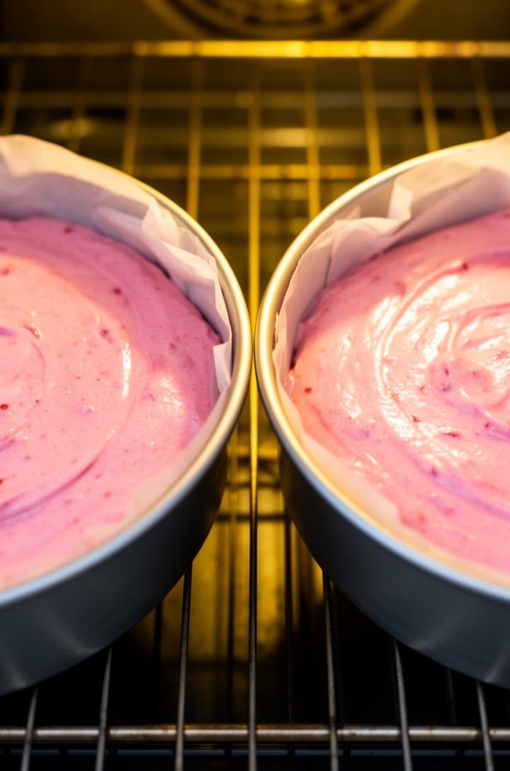 Two 9-inch round cake pans filled with pink strawberry cake batter sitting side by side on an oven rack, the batter smooth and evenly distributed, golden oven light illuminating the scene from above, parchment paper visible at the edges of the pans