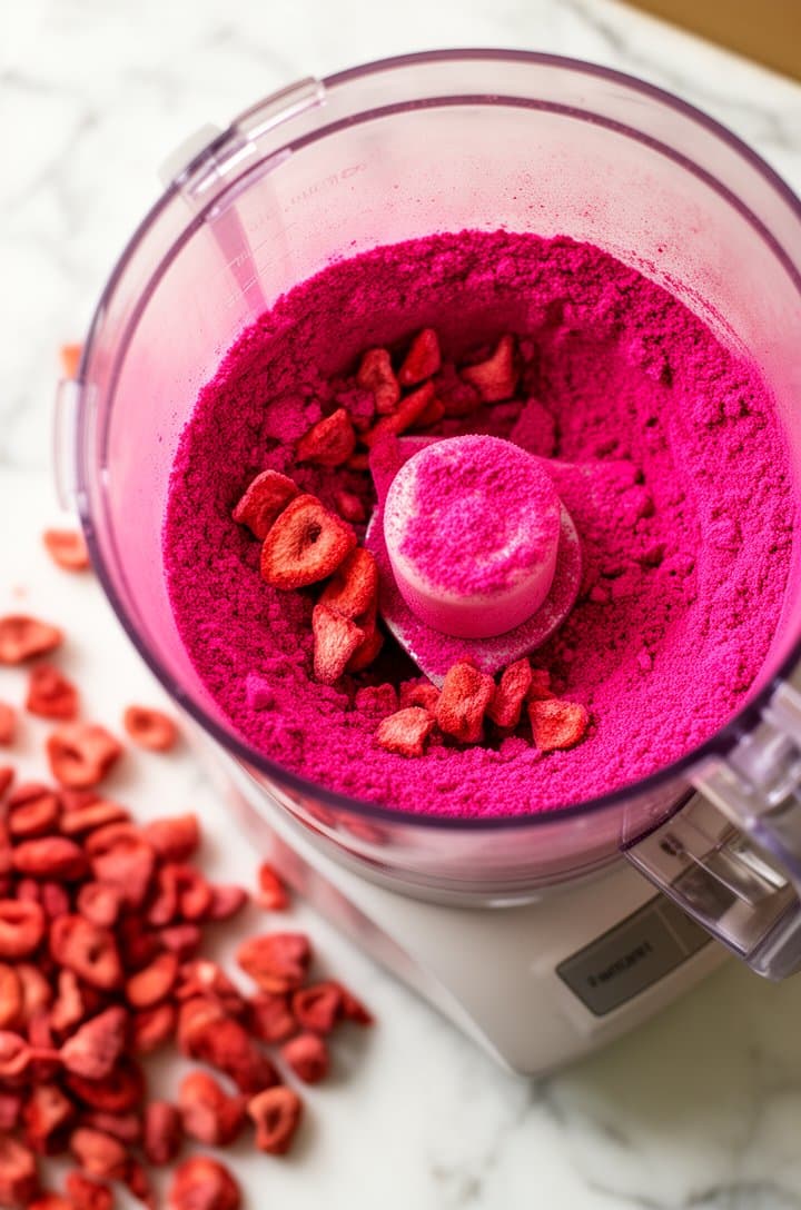 Close-up of freeze-dried strawberries being processed into fine pink powder in a food processor, the lid removed to show the bright magenta-pink powder with a few larger pieces remaining, scattered whole freeze-dried strawberries on the white marble counter beside the processor, bright natural lighting