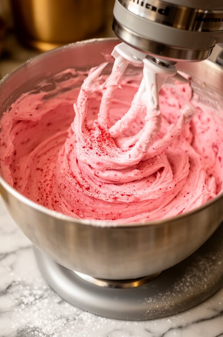 Side-angle shot of the frosting process: a stand mixer bowl filled with fluffy pink cream cheese frosting, the paddle attachment lifted and dripping with thick pink frosting, visible specks of freeze-dried strawberry powder throughout, powdered sugar dusted on the marble counter around the mixer base, warm kitchen lighting