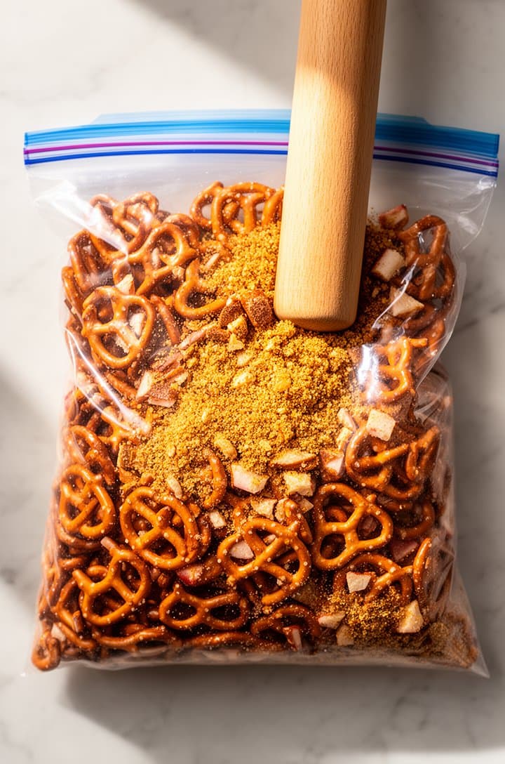 Overhead flat-lay of salted pretzel twists in a large clear zip-top bag on a light marble surface, a wooden rolling pin resting on top mid-crush, showing a mix of coarsely broken pretzel pieces and fine golden crumbs inside the bag, natural window light casting soft shadows, clean bright composition