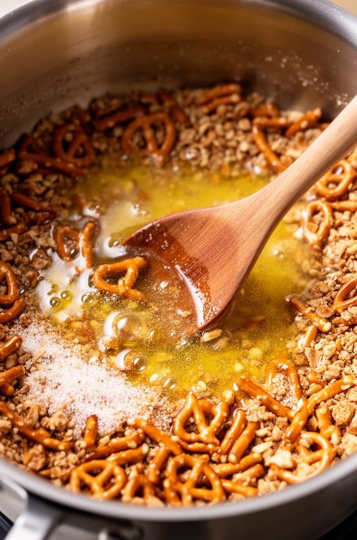 Close-up of melted golden butter mixed with crushed pretzels and sugar in a stainless steel saucepan, wooden spoon stirring through the glistening mixture, individual pretzel pieces visible coated in butter, warm tones, shot from directly above at 10 inches, shallow depth of field