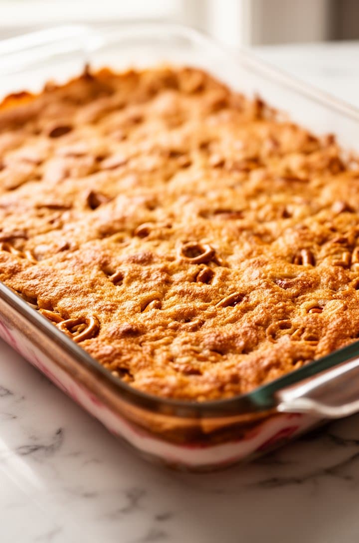 Side-angle shot of the baked pretzel crust cooling in a 13x9 glass baking dish, the surface golden-brown and slightly puffed with visible pretzel texture, warm oven-fresh color, light marble countertop, soft natural lighting from the right side