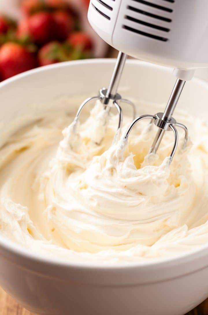 Close-up of an electric hand mixer beating cream cheese and sugar in a white mixing bowl, the mixture fluffy and smooth with soft peaks, creamy white color, beaters leaving swirl marks in the filling, bright natural overhead lighting, shallow depth of field with kitchen background blurred