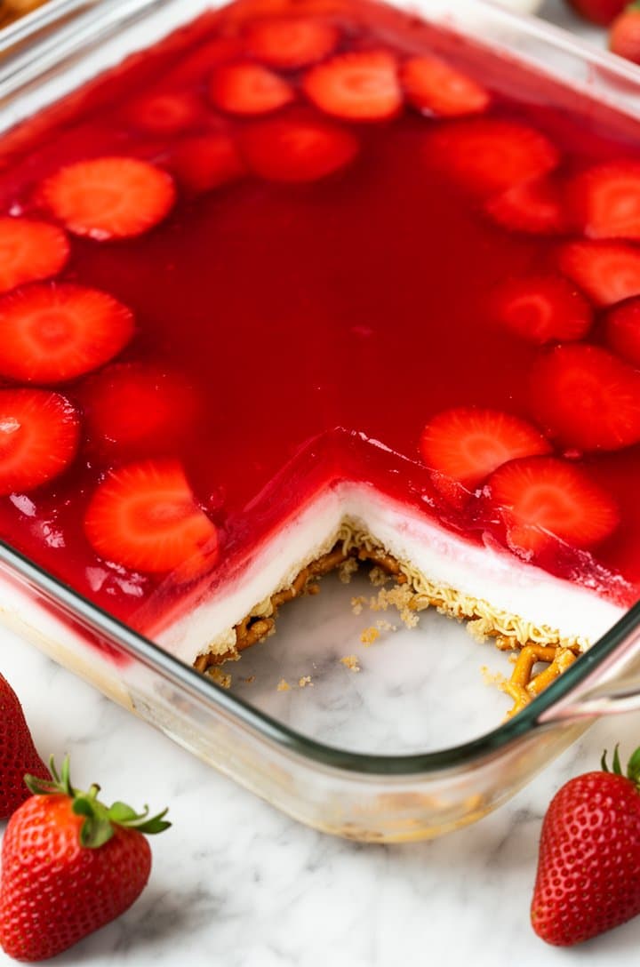 Overhead shot of the completed strawberry pretzel salad in a 13x9 glass baking dish after full refrigeration, the top layer a perfectly smooth glossy ruby-red strawberry Jell-O with sliced strawberry rounds visible through the translucent surface, the glass dish edge showing a hint of the white and golden layers beneath, bright even lighting, one corner slice removed revealing all three layers, fresh whole strawberries scattered around the dish on the marble surface