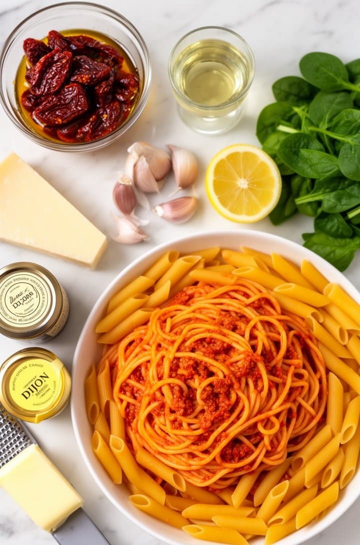Overhead flat-lay of all recipe ingredients arranged on a white marble surface — glass bowl of sun-dried tomatoes in oil, block of parmesan with microplane, garlic cloves, small glass of white wine, halved lemon, pile of baby spinach, dried penne pasta, stick of butter, small jar of Dijon mustard. Bright natural overhead lighting, clean organized composition, warm golden tones