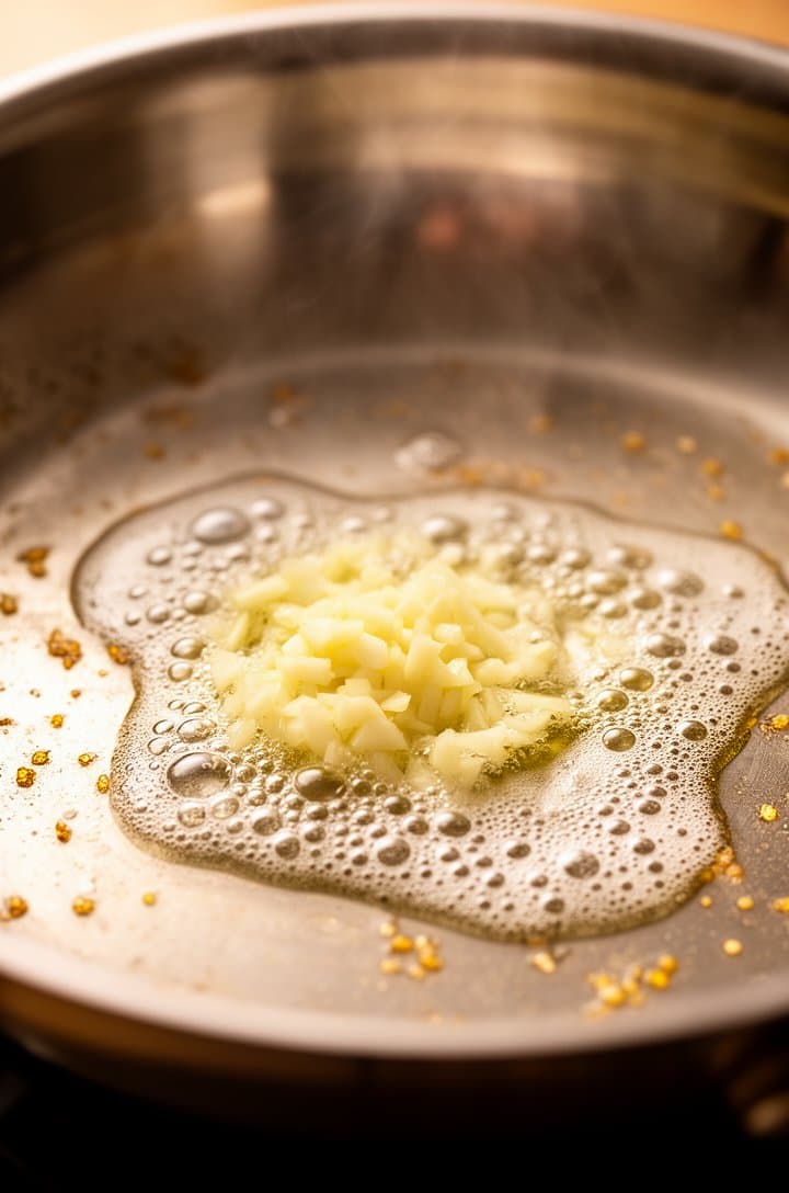 Close-up 45-degree angle of minced garlic sizzling in melted foaming butter in a stainless steel skillet, tiny golden bits beginning to form, bubbles visible in the butter around the garlic. Warm side lighting, shallow depth of field with background blurred, steam barely visible