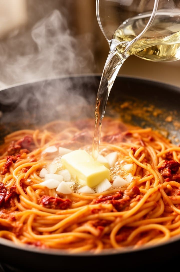Side angle shot of white wine being poured from a glass into the hot skillet with garlic and butter, a burst of steam rising as the liquid hits the hot pan, golden-brown fond visible on the pan bottom. Dynamic motion captured, warm kitchen lighting, professional food photography
