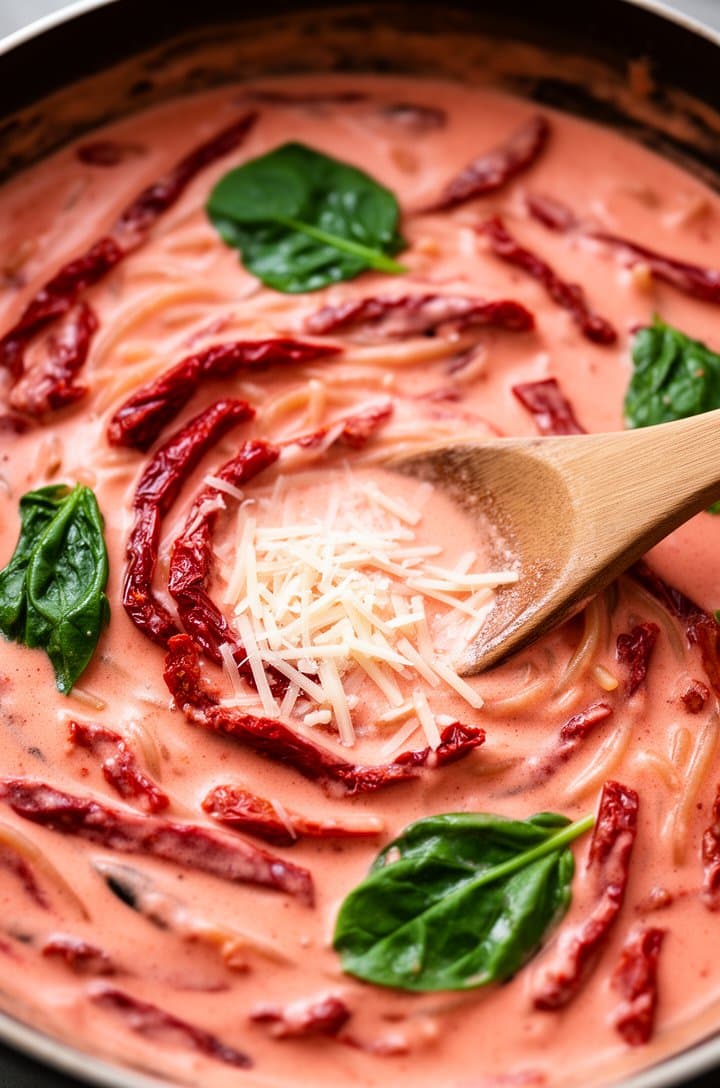 Top-down close-up of the creamy sun-dried tomato sauce simmering in a skillet, thick velvety rosy-pink sauce with strips of deep red sun-dried tomatoes scattered throughout, parmesan just melted in creating glossy streaks, baby spinach leaves freshly added and beginning to wilt. Wooden spoon in the sauce, warm natural side lighting