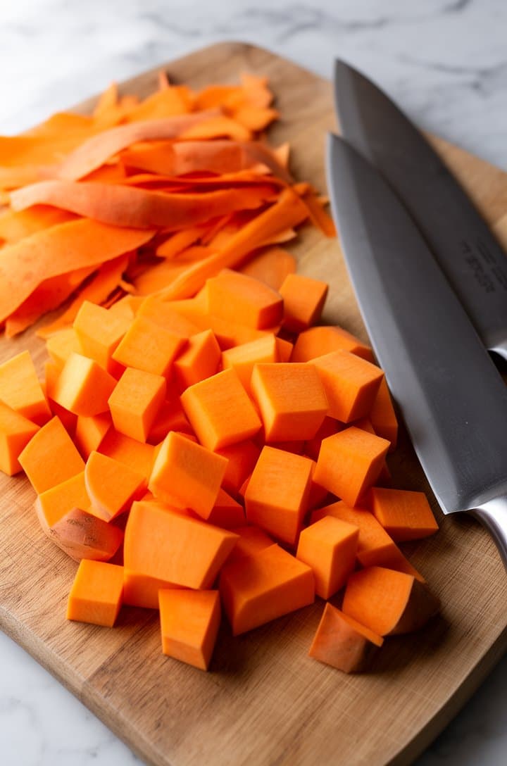 Overhead flat-lay of cubed raw sweet potatoes on a wooden cutting board next to their orange peelings, a sharp chef's knife resting beside them, pieces cut to uniform 1-inch size showing the bright orange interior, natural window light from the left on a light marble surface