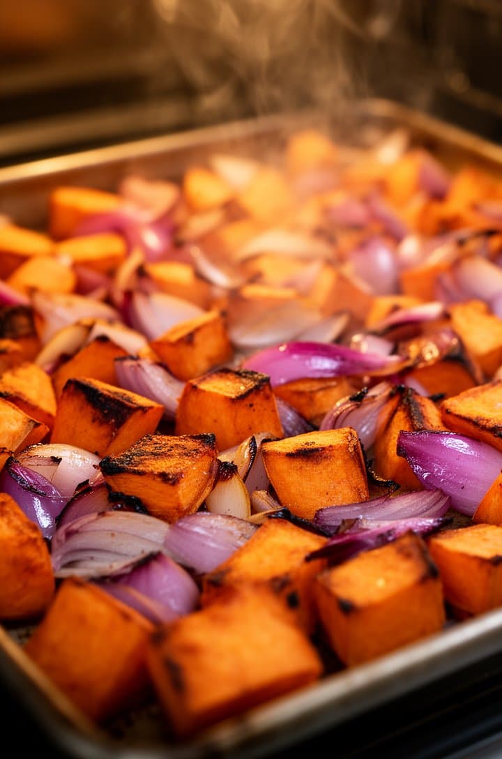 Close-up 45-degree angle of the same baking sheet after roasting, sweet potato cubes now golden-brown with caramelized edges and slight char marks, red onion pieces softened and translucent with purple edges, steam still rising, warm amber oven light