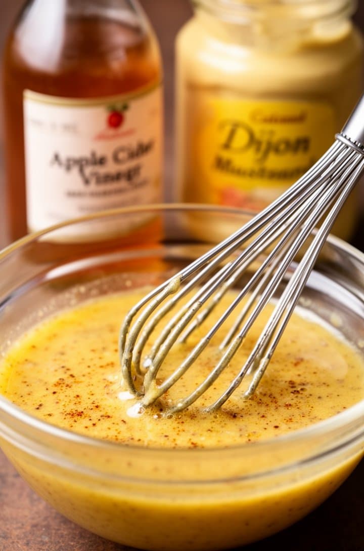 Side angle close-up of a small glass bowl with golden vinaigrette being whisked with a small wire whisk, showing the emulsified creamy texture with tiny specks of cumin and paprika suspended in the dressing, a bottle of apple cider vinegar and jar of Dijon mustard blurred in the background