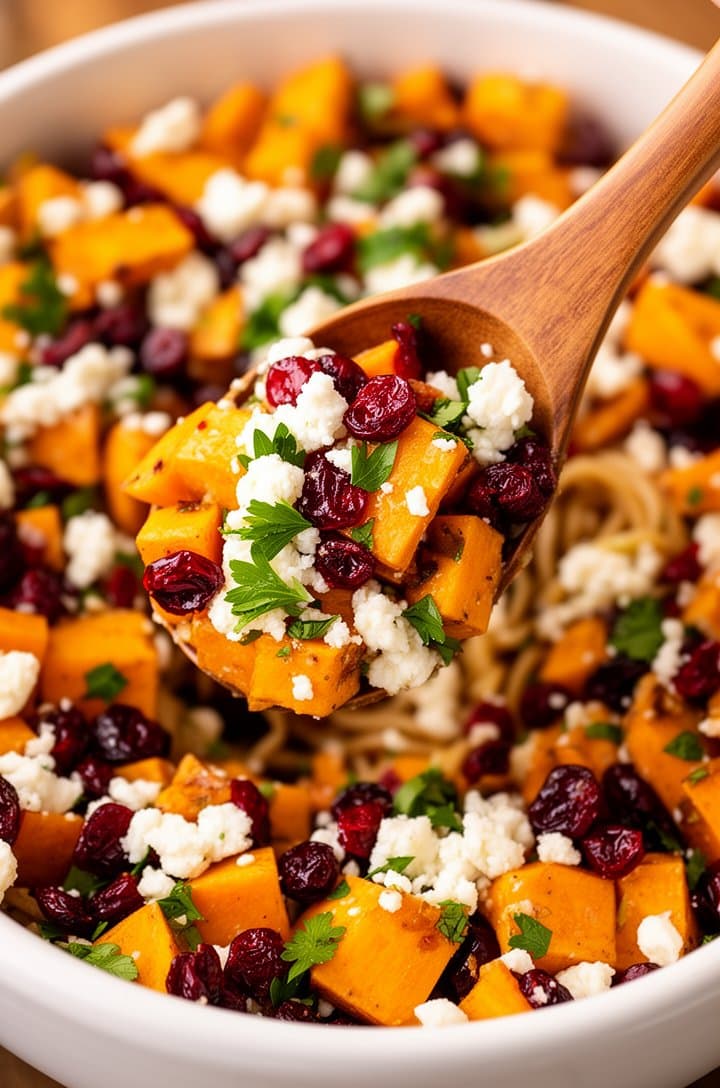 Overhead close-up of the finished sweet potato salad in a large white serving bowl, a wooden serving spoon lifting a portion showing the layers of golden sweet potato, white feta crumbles, ruby cranberries, and green parsley, vinaigrette glistening on each piece, warm side lighting creating appetizing shadows