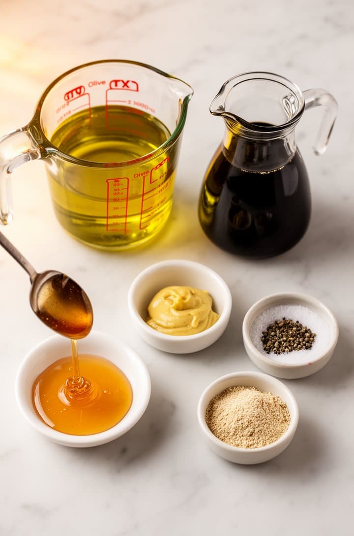 Overhead flat-lay of honey balsamic dressing ingredients — a measuring cup of golden olive oil, a small pitcher of dark balsamic vinegar, a spoonful of amber honey dripping from the spoon, a small dish of Dijon mustard, garlic powder in a tiny bowl, and salt and pepper — all arranged on a white marble countertop with warm natural lighting from the left, clean and organized composition
