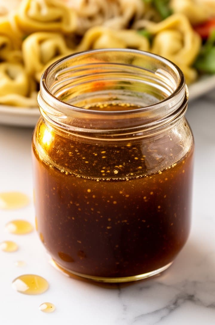Close-up shot of a glass jar filled with freshly shaken honey balsamic vinaigrette, the dressing emulsified into a smooth dark amber liquid with tiny mustard flecks visible, the jar sitting on a white surface with a few drops of dressing on the marble beside it, warm side lighting creating a golden glow through the glass