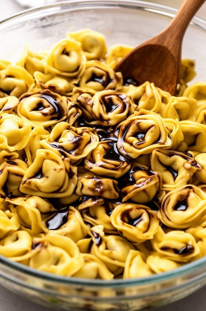 Overhead close-up of warm cheese tortellini in a large glass bowl just after being tossed with the first addition of balsamic dressing, the pasta glistening with a thin glossy coating, some dressing pooled in the crevices of the tortellini folds, a wooden spoon resting on the bowl edge, bright natural lighting