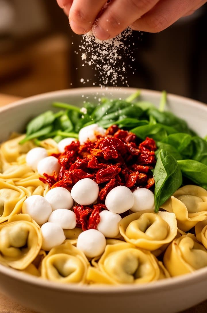 45-degree angle shot of the salad mid-assembly — tortellini in the bowl with mozzarella pearls, chopped sundried tomatoes, and baby spinach being added on top, the red and white ingredients creating a colorful contrast against the golden pasta, a hand visible at the edge sprinkling parmesan, warm kitchen lighting
