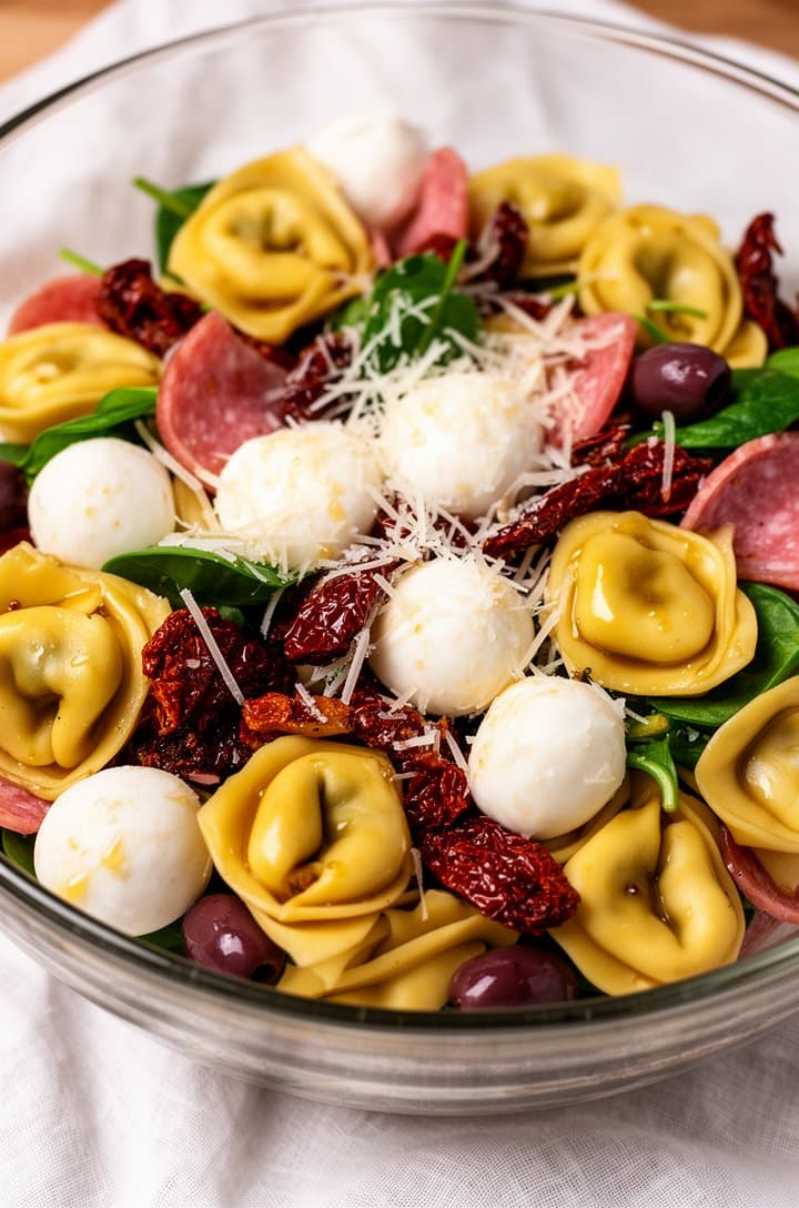 Extreme close-up overhead of the finished tortellini pasta salad served in a large clear glass bowl on a white linen cloth, every ingredient glistening with honey balsamic dressing, plump golden tortellini surrounded by white mozzarella balls, dark red sundried tomatoes, green spinach, pink salami, and purple olives, with freshly grated parmesan dusted on top, shallow depth of field, warm natural side lighting