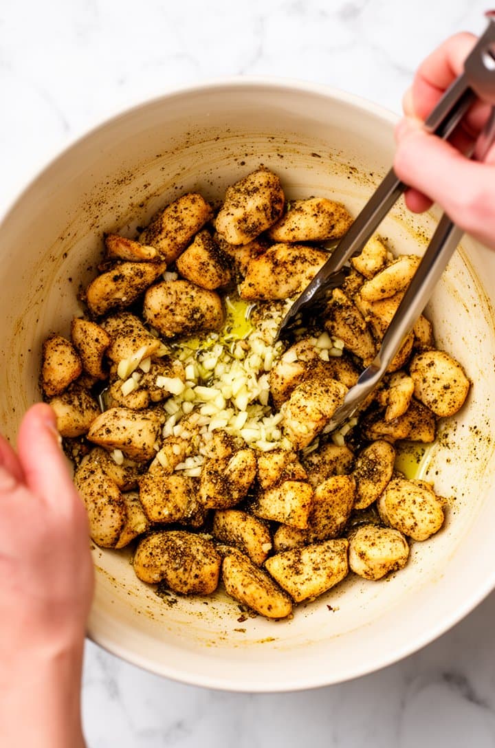 Overhead shot of bite-sized chicken pieces in a mixing bowl being tossed with olive oil, minced garlic, and Italian seasoning, the golden spice blend coating each piece evenly, a pair of hands visible at the edges using tongs to mix, bright natural light from above, white marble countertop background, clean and prep-focused composition