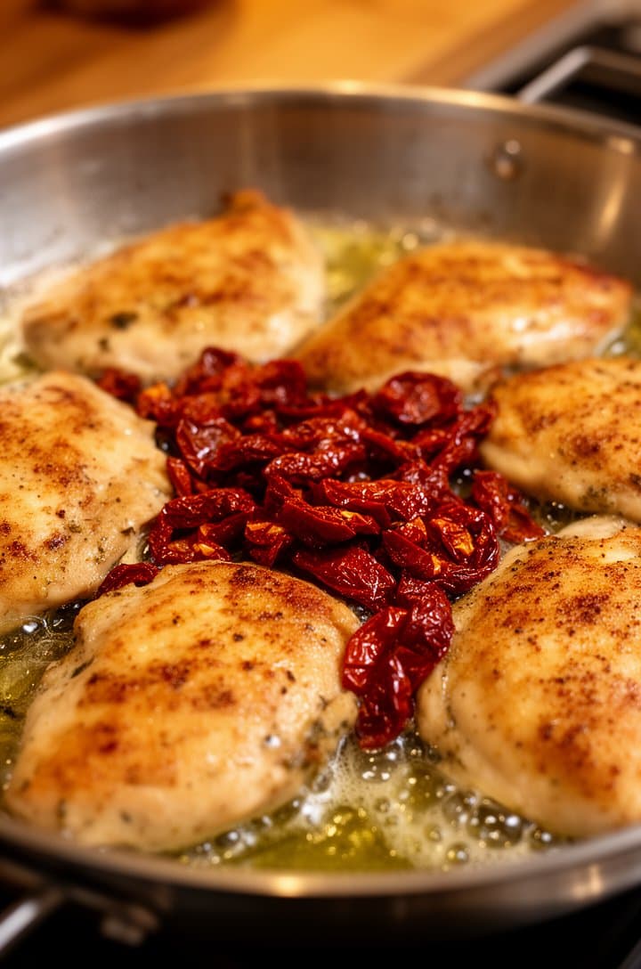 Close-up side angle of golden-brown chicken pieces cooking in a large stainless steel skillet with chopped sun-dried tomatoes scattered between them, the tomatoes slightly caramelized and glistening, oil bubbling gently around the edges, warm amber kitchen lighting, shallow depth of field focusing on the center of the pan