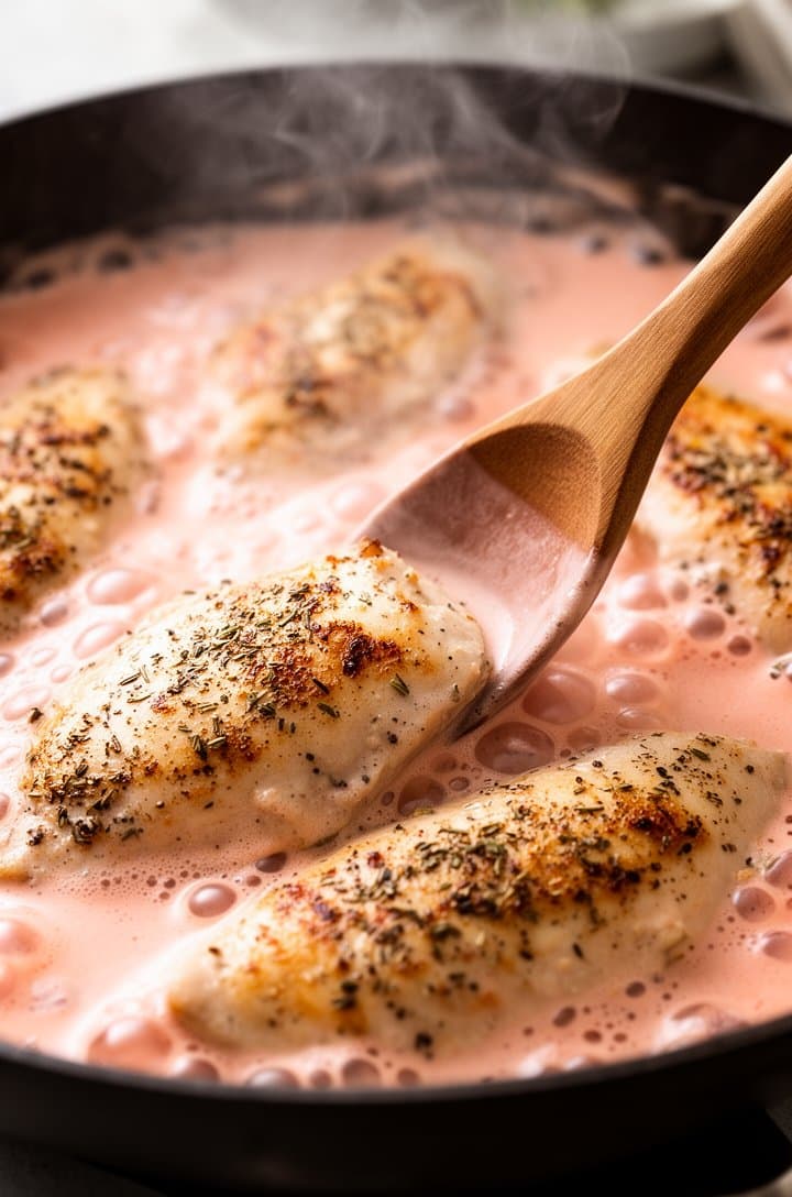 45-degree angle shot of creamy sauce bubbling in the skillet around the chicken pieces, the sauce a warm blush-pink color with visible flecks of Italian seasoning, thick and coating the back of a wooden spoon being held over the pan, steam rising, soft natural side lighting