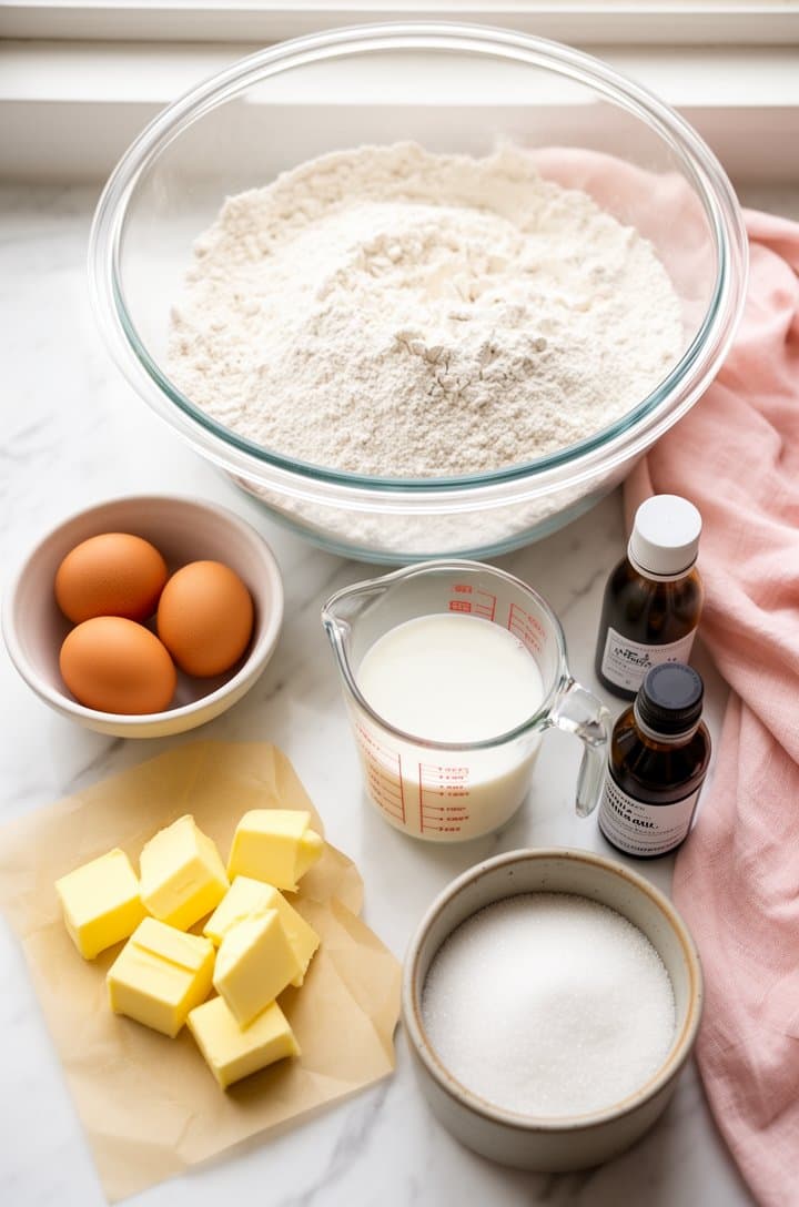 Overhead flat-lay of all vanilla cake ingredients neatly arranged on a white marble surface — eggs in a small bowl, sifted flour in a large glass bowl, cubed butter on parchment, measuring cup of milk, vanilla extract bottle, sugar in a ceramic bowl. Soft diffused natural light from a window above, clean styling with a pastel linen napkin tucked to one side, professional food blog photography