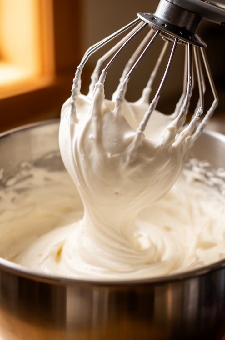 Close-up side shot of thick pale whipped egg-sugar mixture falling in a wide ribbon from a lifted stand mixer whisk attachment, the mixture tripled in volume and cloud-white. The stainless steel bowl below is full of the glossy foam. Warm kitchen lighting from the left side, shallow depth of field, professional food photography