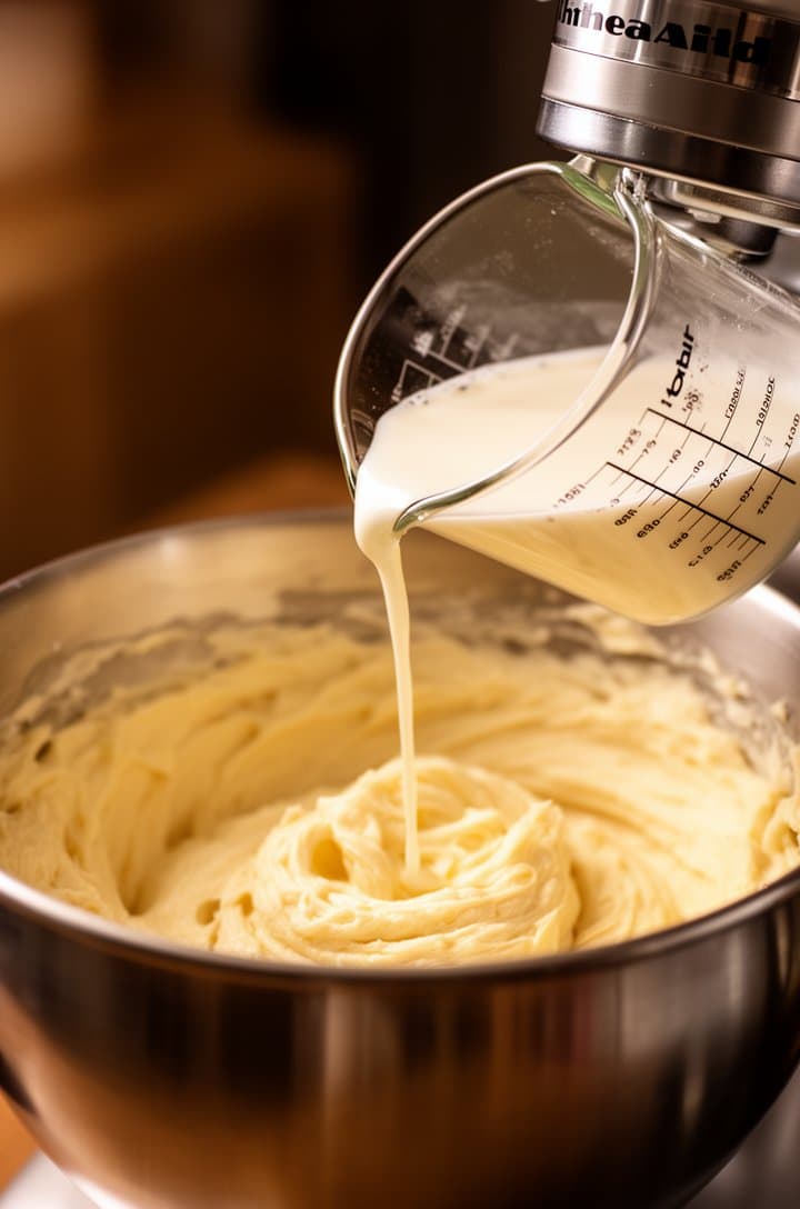 Side-angle view of hot melted butter and milk mixture being slowly poured from a glass measuring jug into a stand mixer bowl of whipped egg batter, creating a gentle stream. The batter is pale and fluffy in the bowl. Warm amber lighting, stainless steel mixer visible, shallow depth of field with blurred background