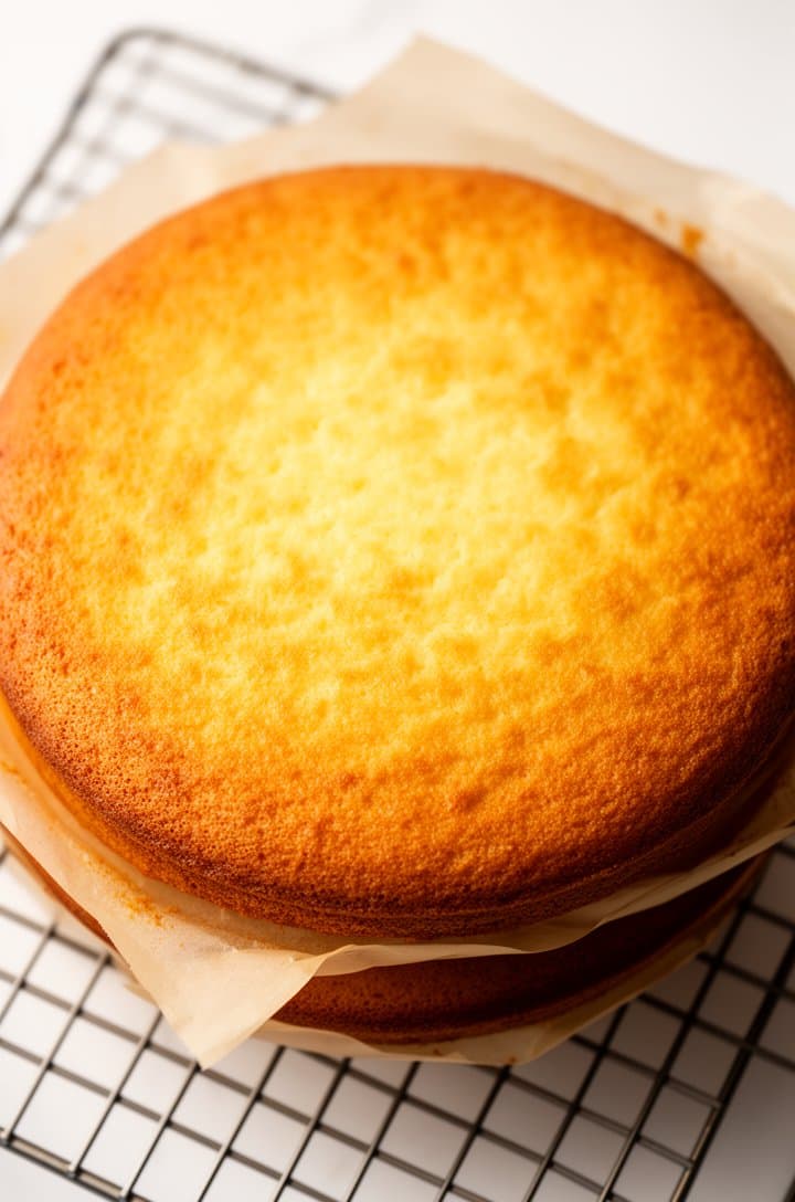 Overhead shot of two golden-brown vanilla cake layers cooling on a wire rack, tops slightly domed with an even golden crust, parchment paper peeled away and sitting beside them. Clean white countertop background, warm natural lighting showing the golden color, professional food blog photography