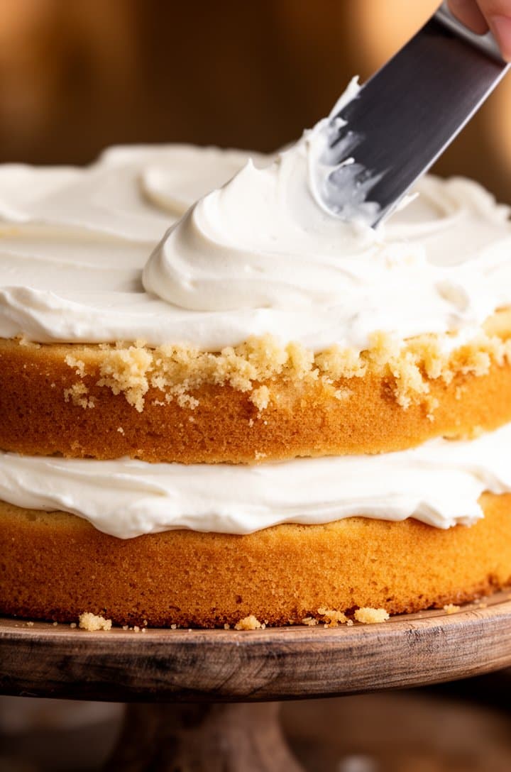 Close-up 45-degree angle of an offset spatula spreading smooth white vanilla buttercream between two cake layers being stacked, the frosting thick and creamy with swooped texture marks from the blade. Crumbs visible at the edge of the golden cake layer. Warm side lighting, shallow depth of field, rustic cake stand beneath